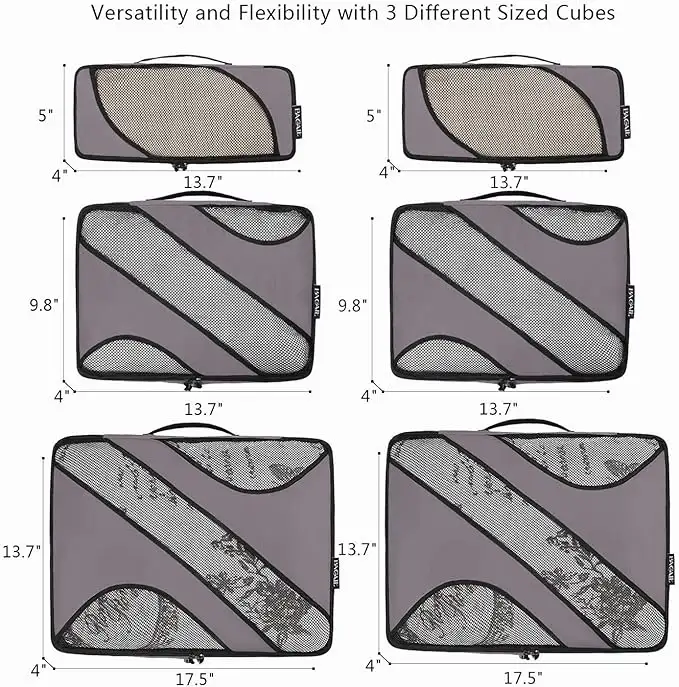 6-set half mesh packing cubes in various sizes for organized travel luggage and efficient packing.