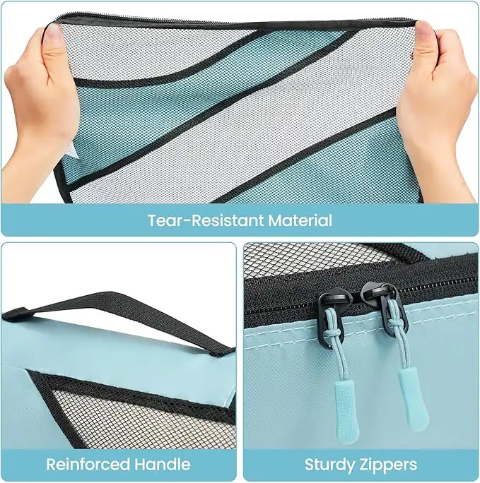 6 pack half mesh packing cubes in various sizes for organized travel luggage and efficient packing solutions.