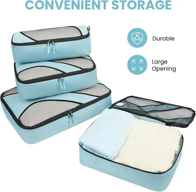 6 set half mesh packing cubes in various sizes for efficient travel luggage organization and packing.