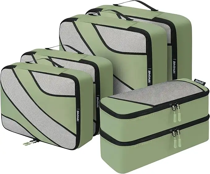 Set of 6 half mesh packing cubes in various sizes for efficient travel luggage organization and packing solutions.