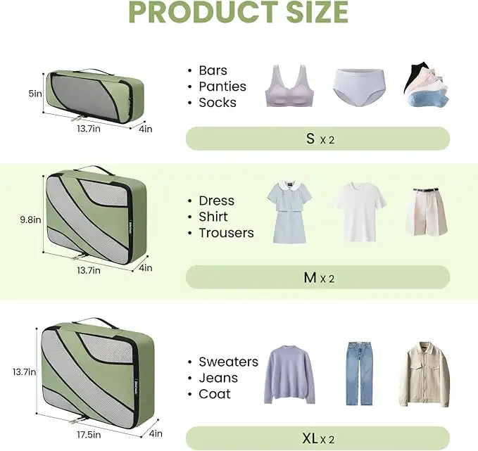 6 half mesh packing cubes in various sizes for organized travel luggage; ideal for efficient packing and easy access.