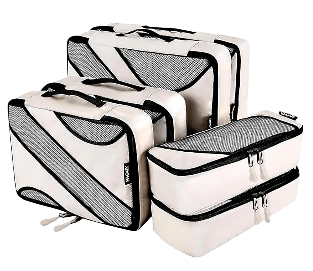Half mesh packing cubes set of 6 in various sizes for efficient travel luggage organization and storage.