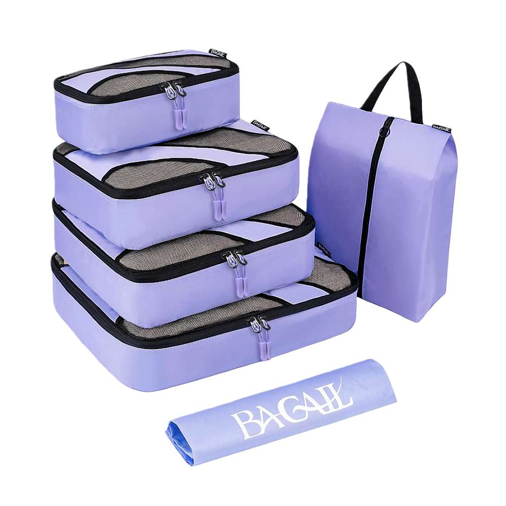 6-piece half mesh packing cube set with laundry and shoe bags for efficient travel organization.