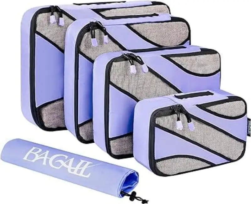 6 set half mesh packing cubes for travel, includes laundry bag and shoe bag for organized luggage.