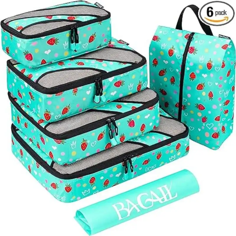 6 set half mesh packing cubes for travel, includes laundry and shoe bags for organized luggage.