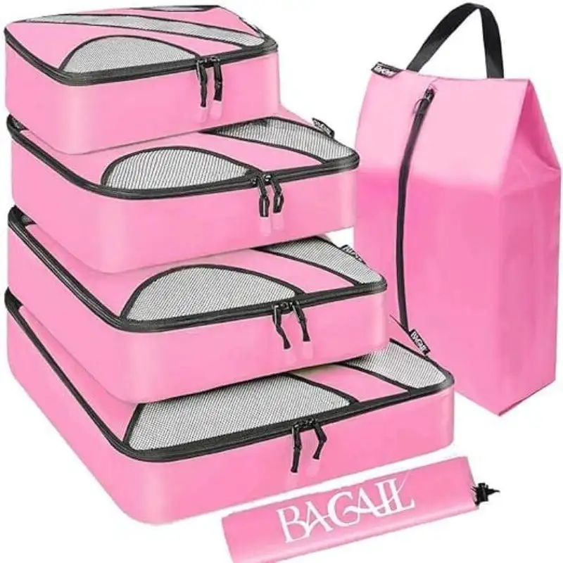 6 set half mesh packing cubes for travel, includes laundry bag and shoe bag for organized luggage.