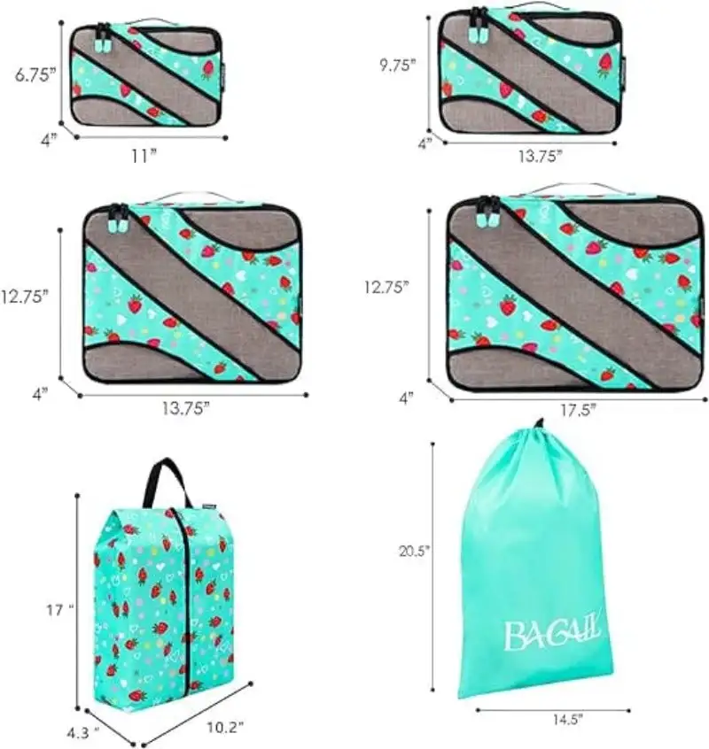 6 set half mesh packing cubes for travel, includes laundry bag and shoe bag for organized luggage.