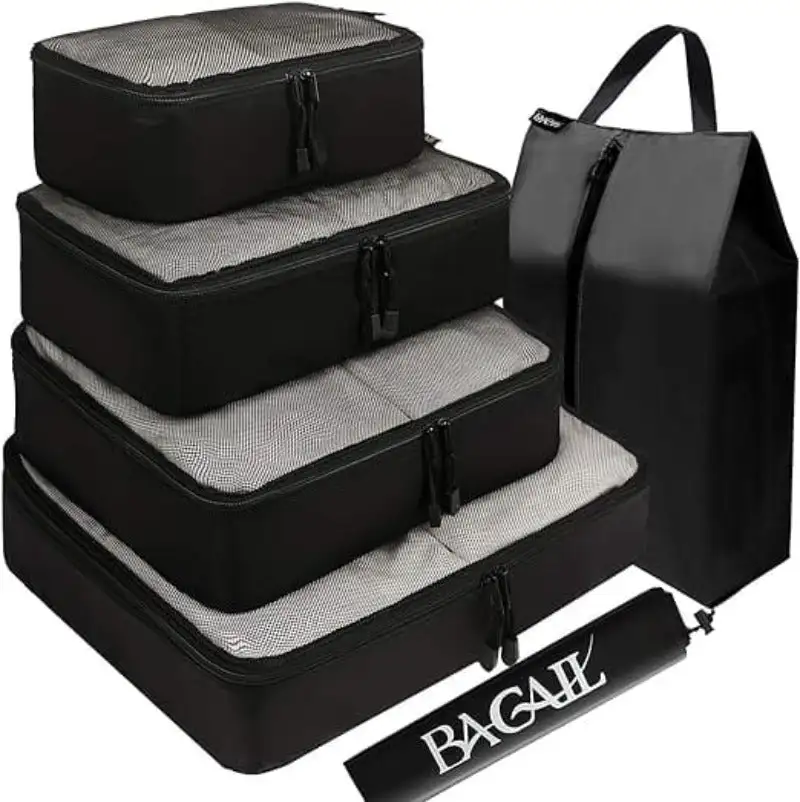 6 Set Half Mesh Packing Cubes with Laundry Bag & Shoe Bag for Travel Luggage Organization and Easy Packing