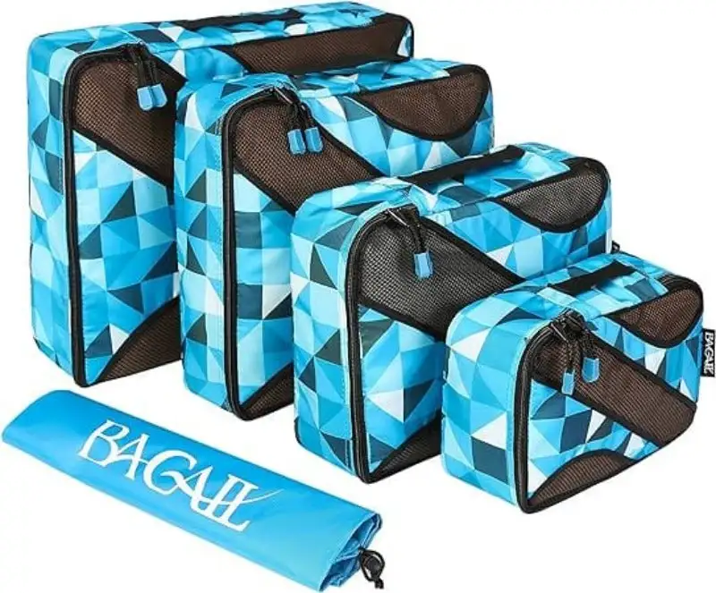 6 set half mesh packing cubes for travel, includes laundry bag and shoe bag for organized luggage.