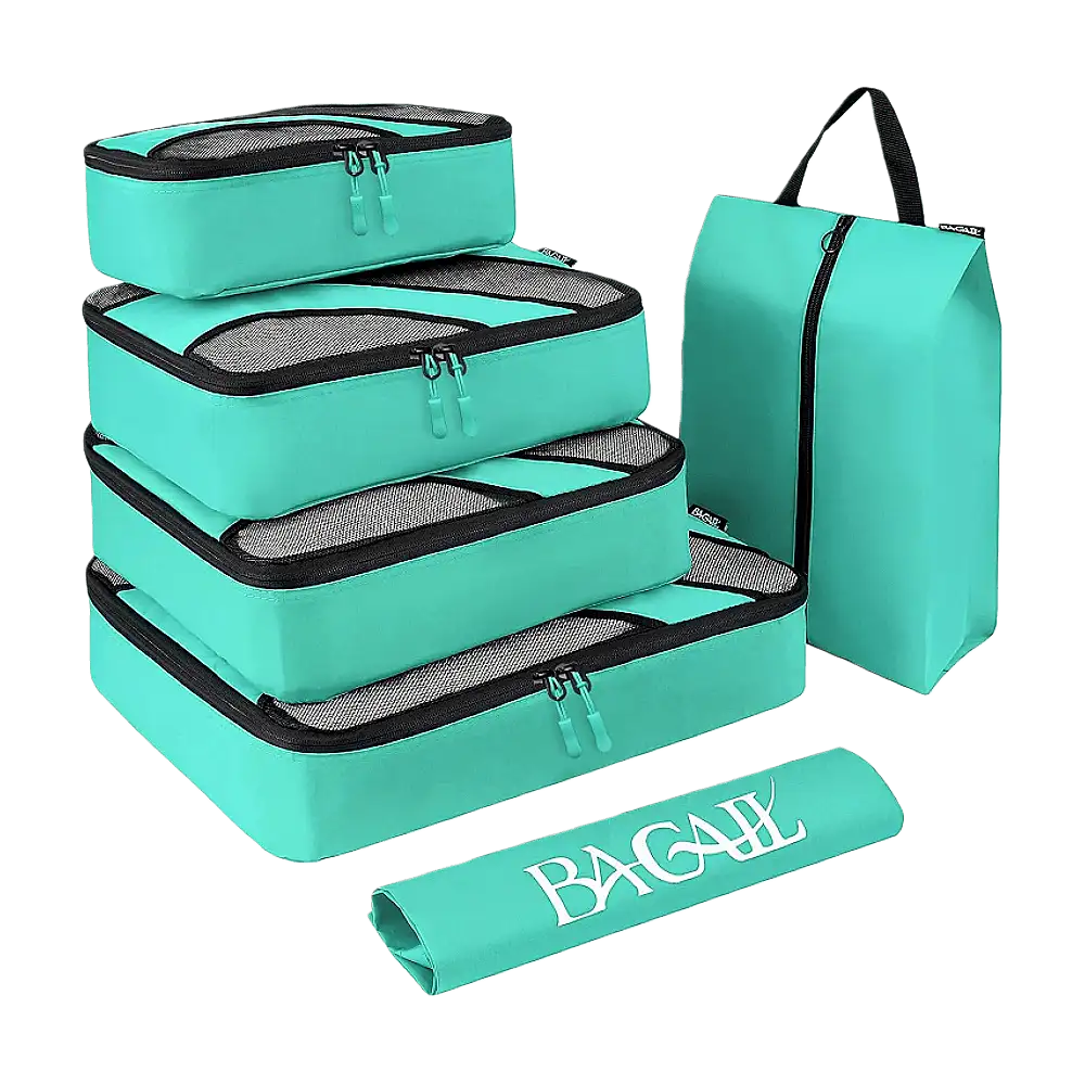 6-piece half mesh packing cubes set for travel, includes laundry bag and shoe bag for organized luggage.
