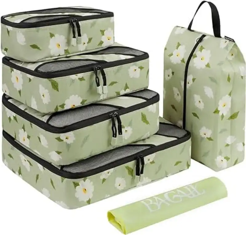 6 set half mesh packing cubes for travel, includes laundry and shoe bags for organized luggage.