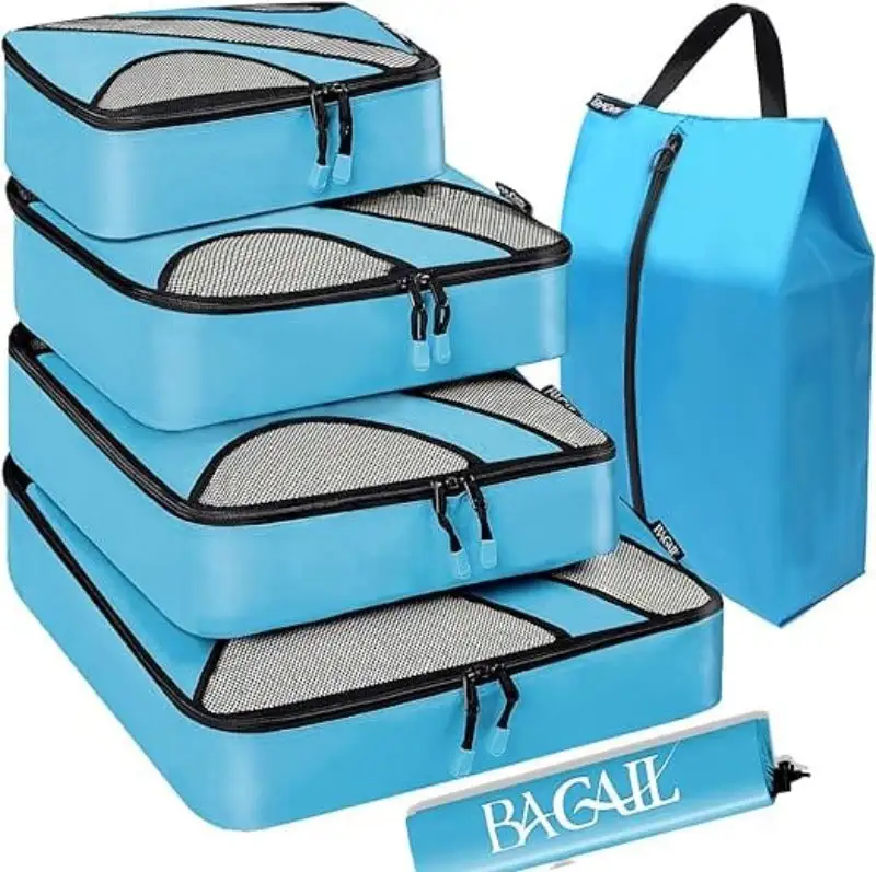 6 set half mesh packing cubes for travel, includes laundry bag and shoe bag, perfect for organized luggage.