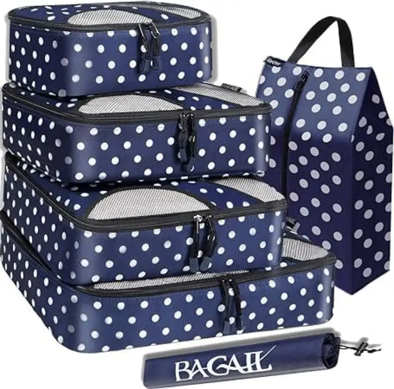 6 Set Half Mesh Packing Cubes for Travel, Includes Laundry Bag & Shoe Bag, Navy Dot Design