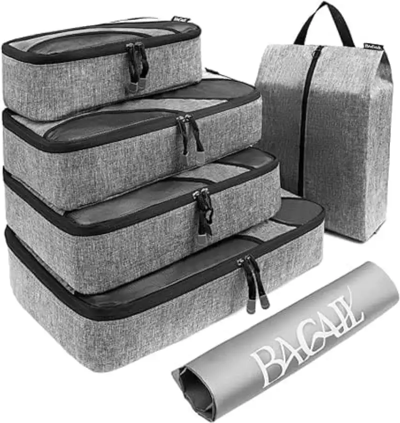 6 set half mesh packing cubes for travel, includes laundry bag and shoe bag, ideal luggage organizers for efficient packing.