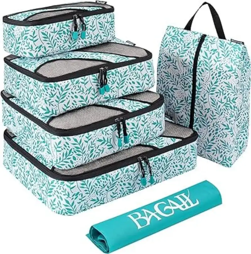 6 set half mesh packing cubes for travel, includes laundry bag and shoe bag for organized luggage.