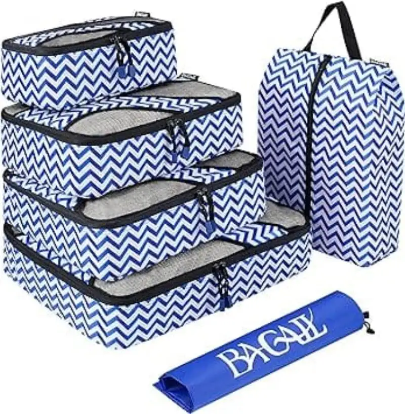 6 Set Half Mesh Packing Cubes for Travel, Includes Laundry & Shoe Bags, Lightweight Luggage Organizers in Wave Pattern