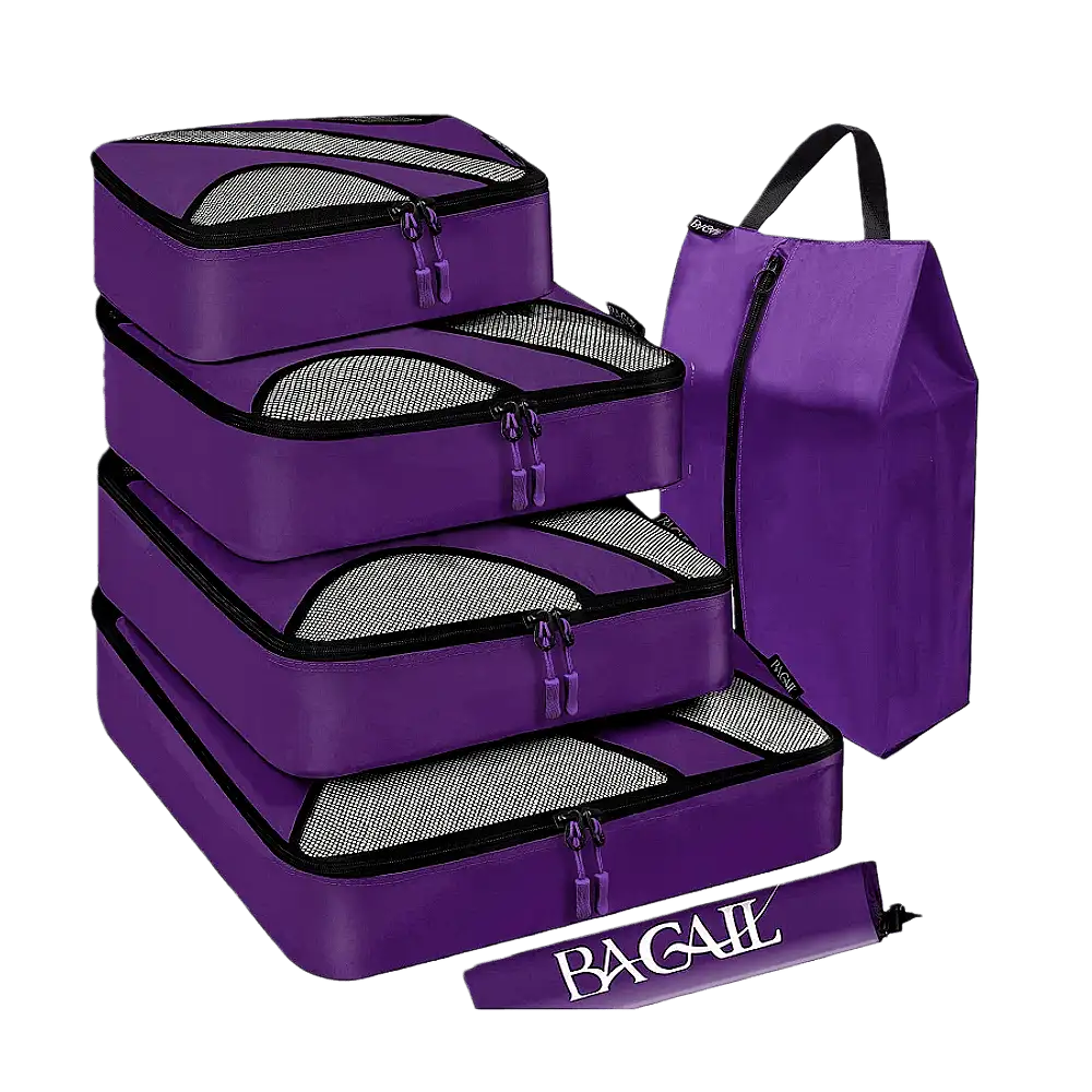 6 pack half mesh packing cubes with laundry and shoe bags for organized travel luggage storage.