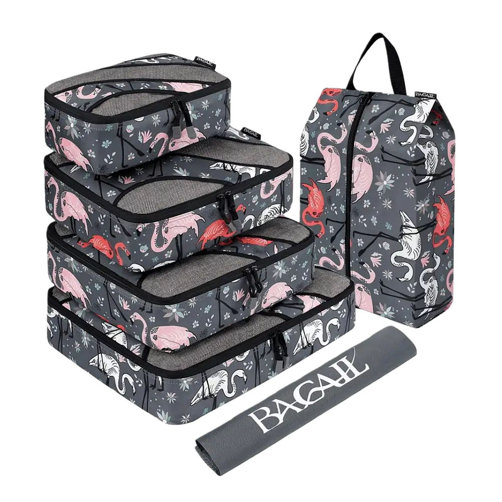 6 set half mesh packing cubes for travel, includes laundry and shoe bags for organized luggage.