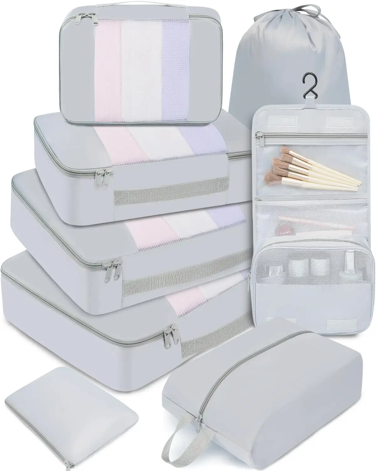 8-piece mesh packing cubes set with makeup and shoe bags for organized travel in various sizes, ideal for luggage.