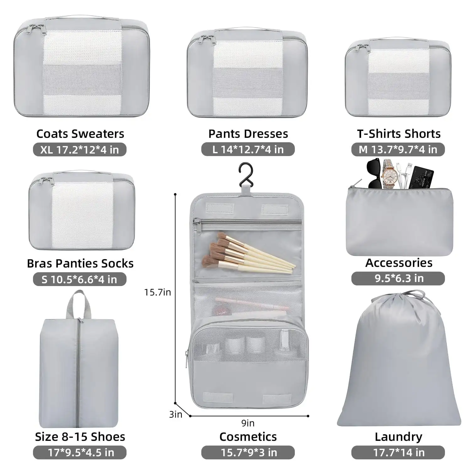 8-piece mesh packing cubes set with makeup bag and shoe bag for organized travel, available in various sizes.