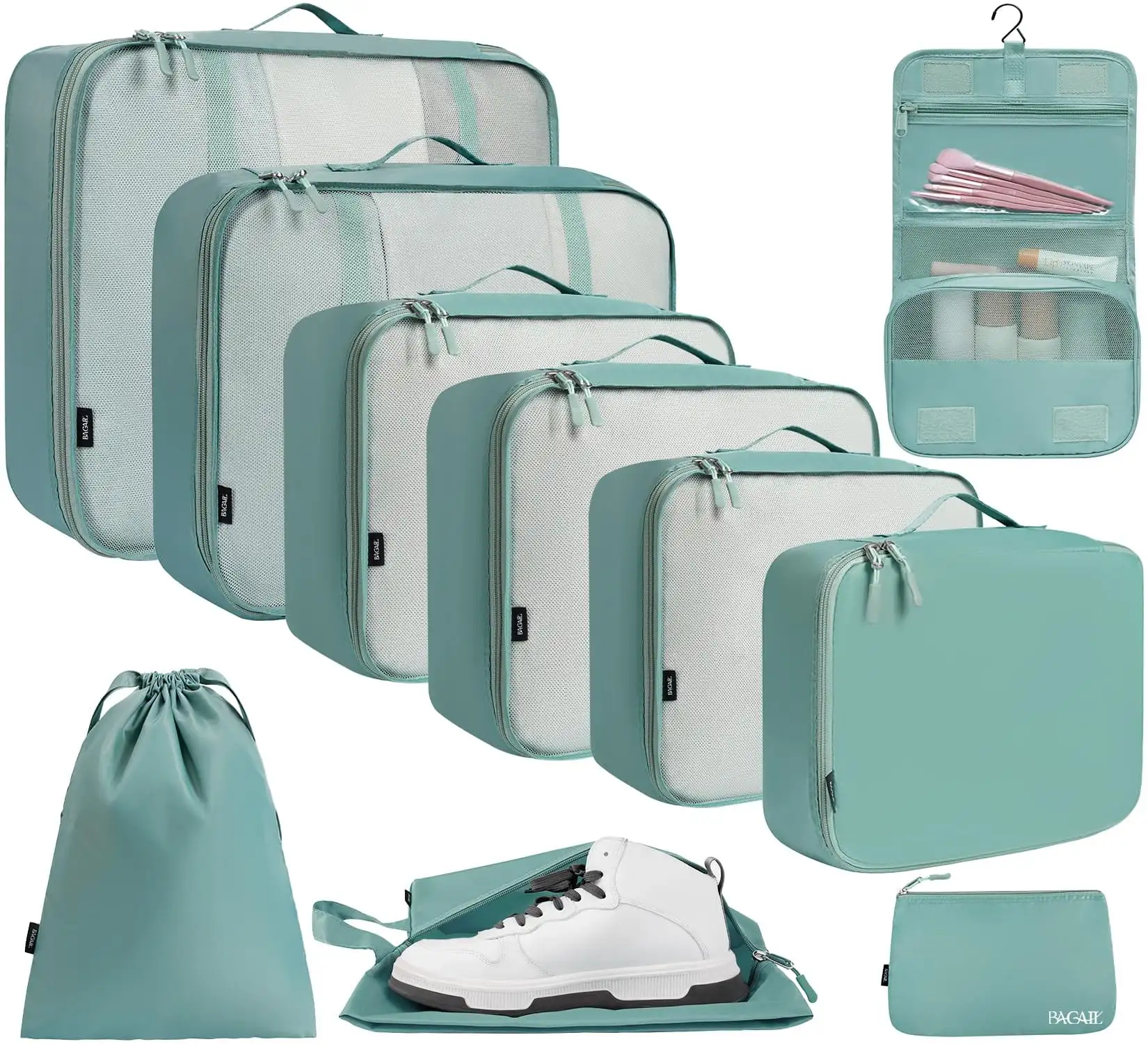 8 Set Mesh Packing Cubes in Various Sizes with Makeup Bag and Shoe Bag for Travel Organization and Luggage Storage