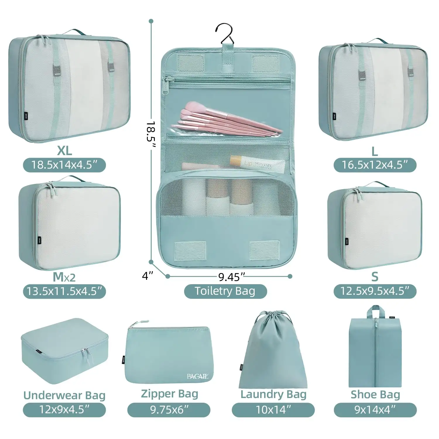 8-piece mesh packing cubes set in various sizes with makeup and shoe bags for organized travel and luggage.