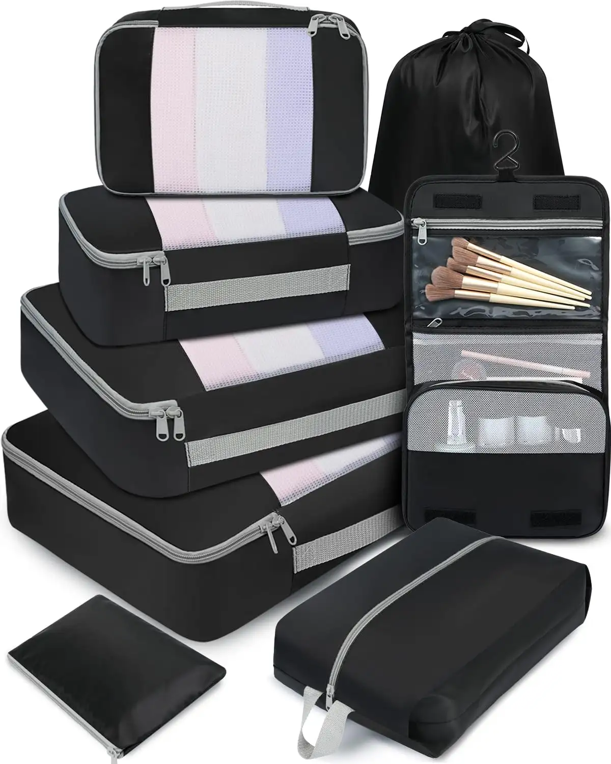 8 set mesh packing cubes in various sizes with makeup and shoe bags, perfect for organized travel and luggage storage.