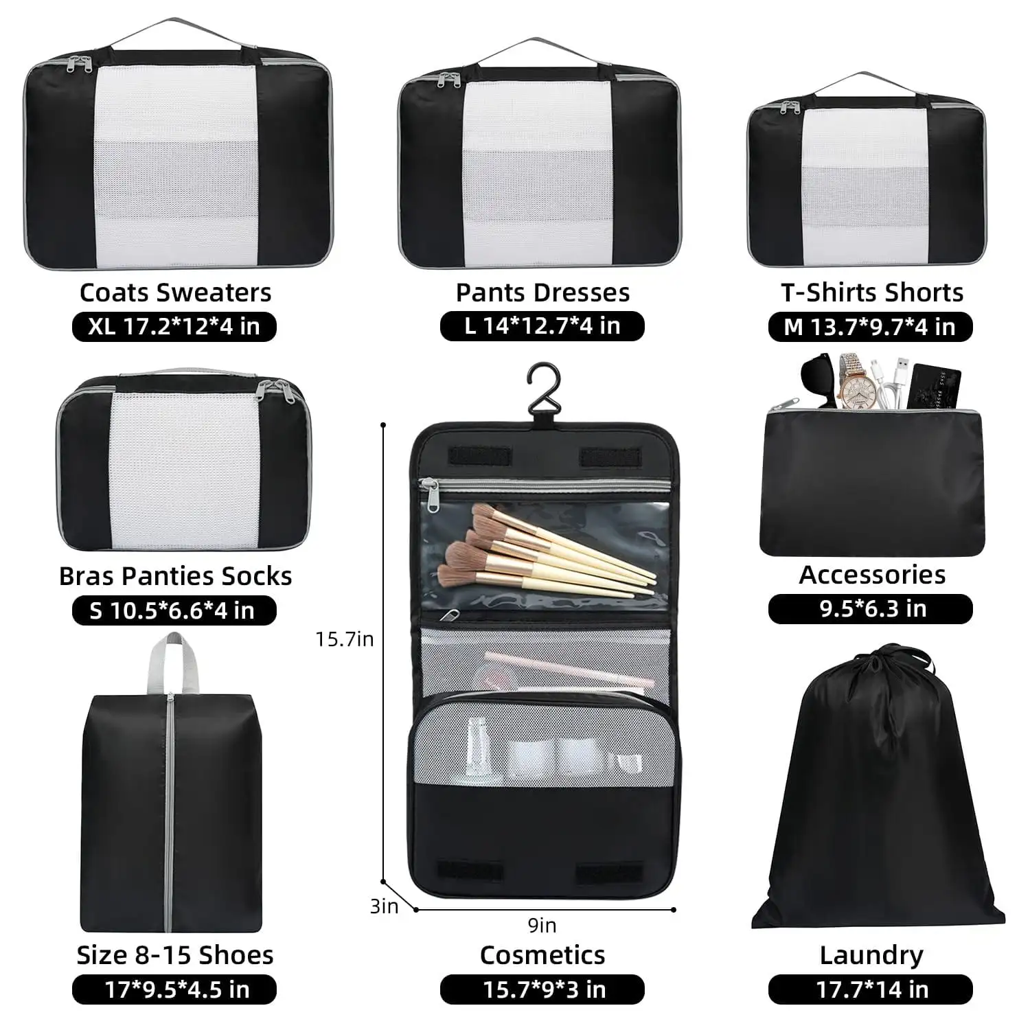 8-piece mesh packing cubes set in various sizes with makeup and shoe bags for organized travel and luggage.