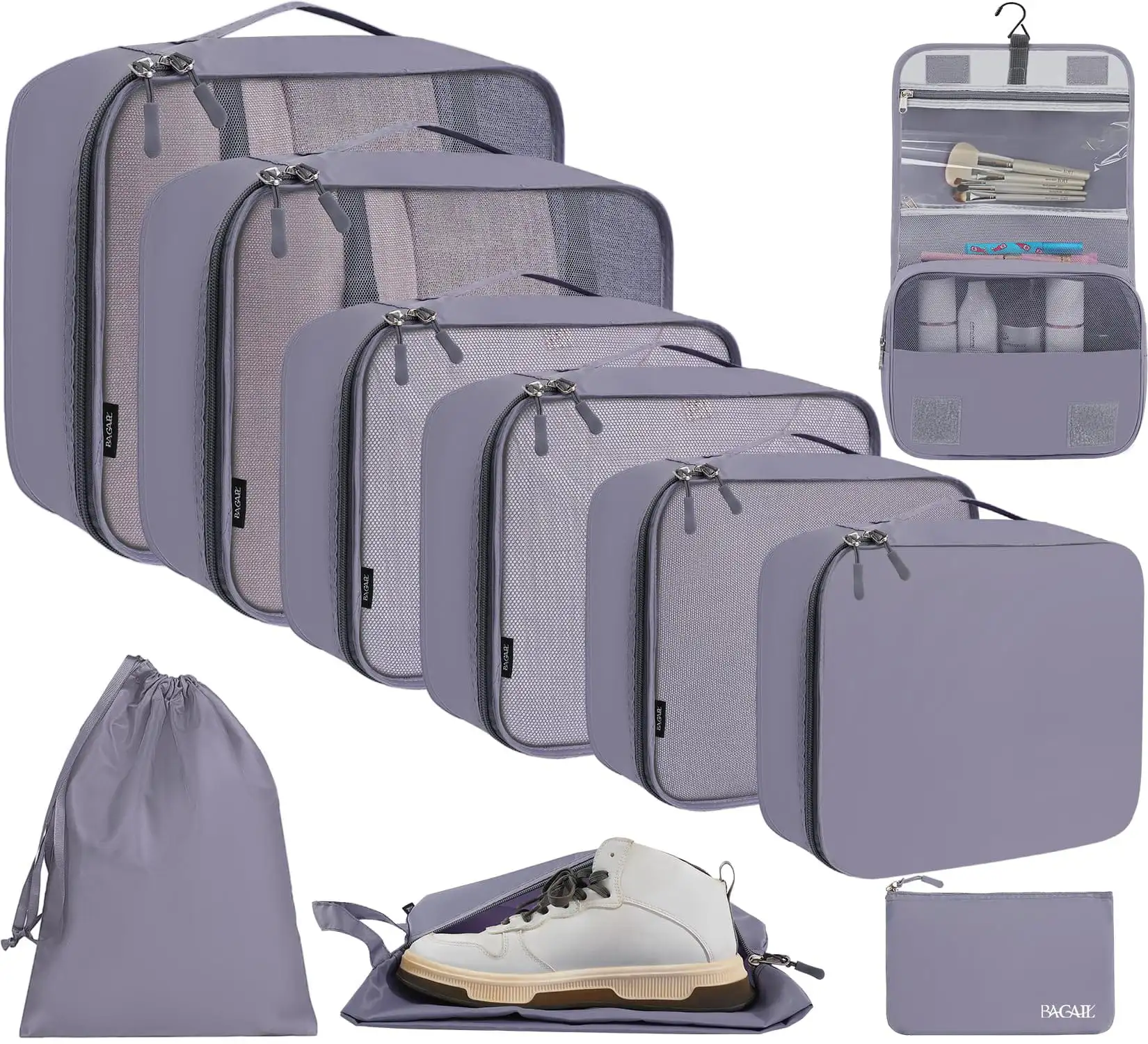 8 set mesh packing cubes with makeup and shoe bags for organized travel, various sizes in beige and grey.