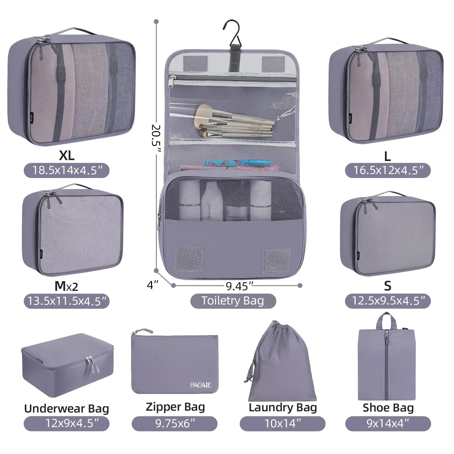 8 set mesh packing cubes in various sizes with makeup and shoe bags for organized travel and luggage.