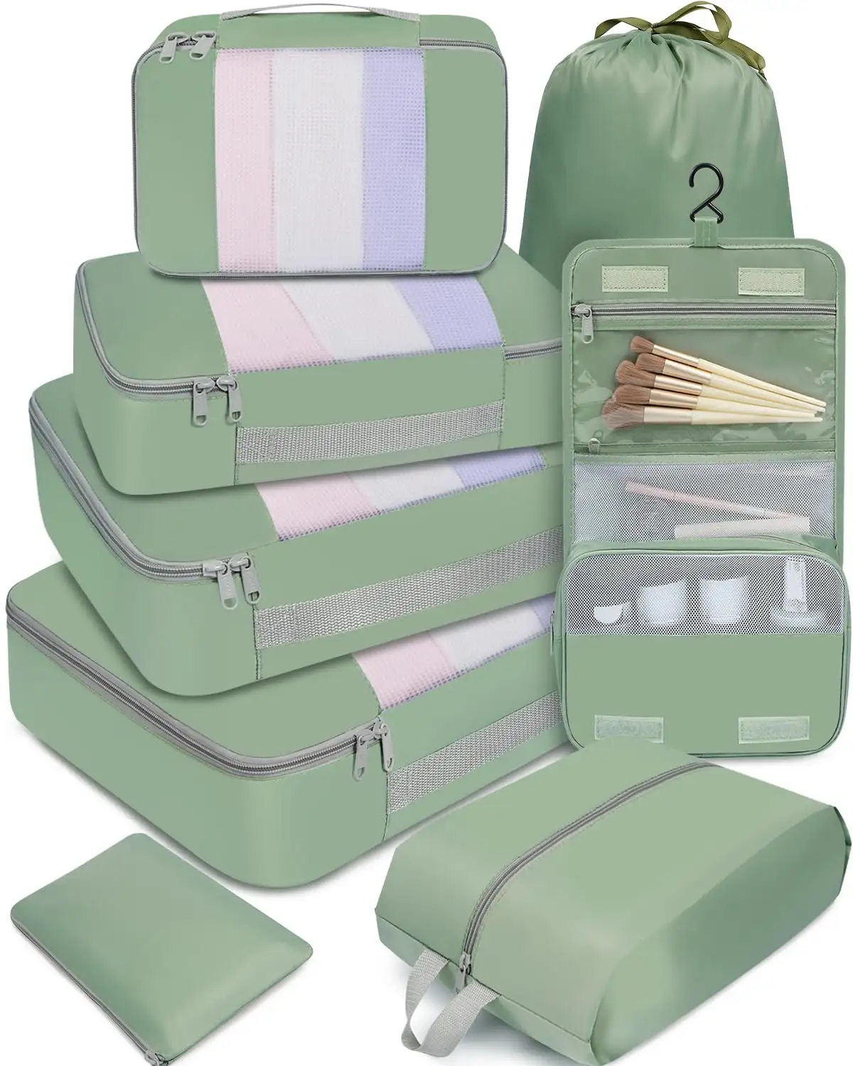 8 set mesh packing cubes in various sizes with makeup and shoe bags, ideal for travel organization and luggage.