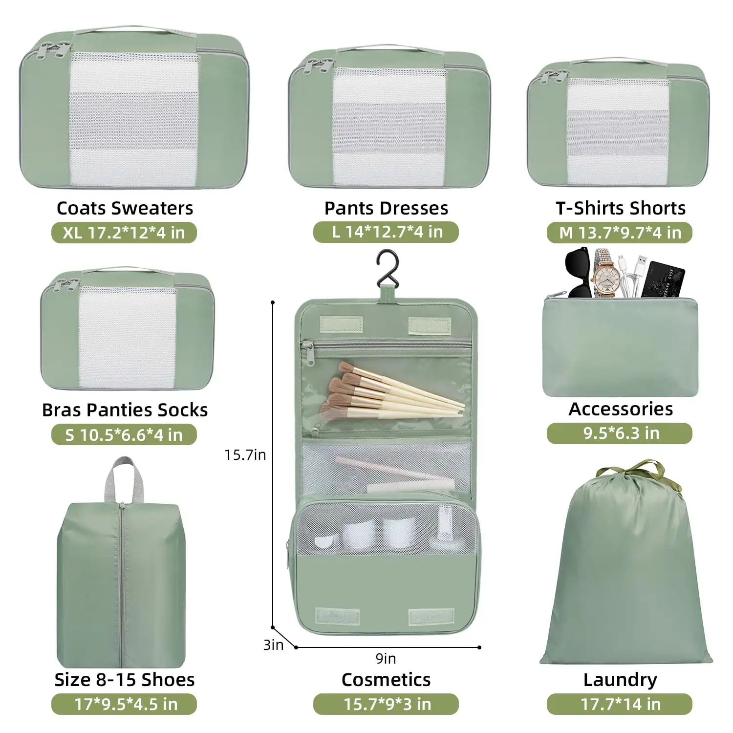 8 Set Mesh Packing Cubes in Various Sizes with Makeup Bag and Shoe Bag for Organized Travel and Luggage - Beige