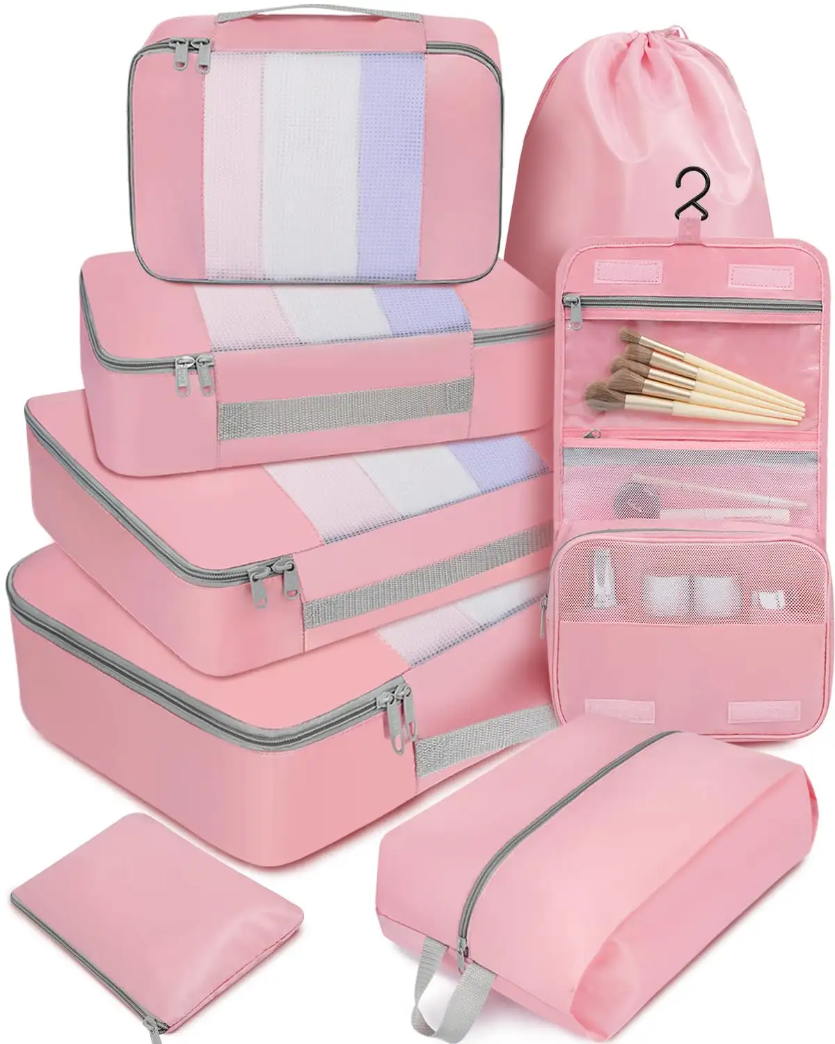 8 Set mesh packing cubes in various sizes with makeup and shoe bags, perfect for organized travel and luggage.