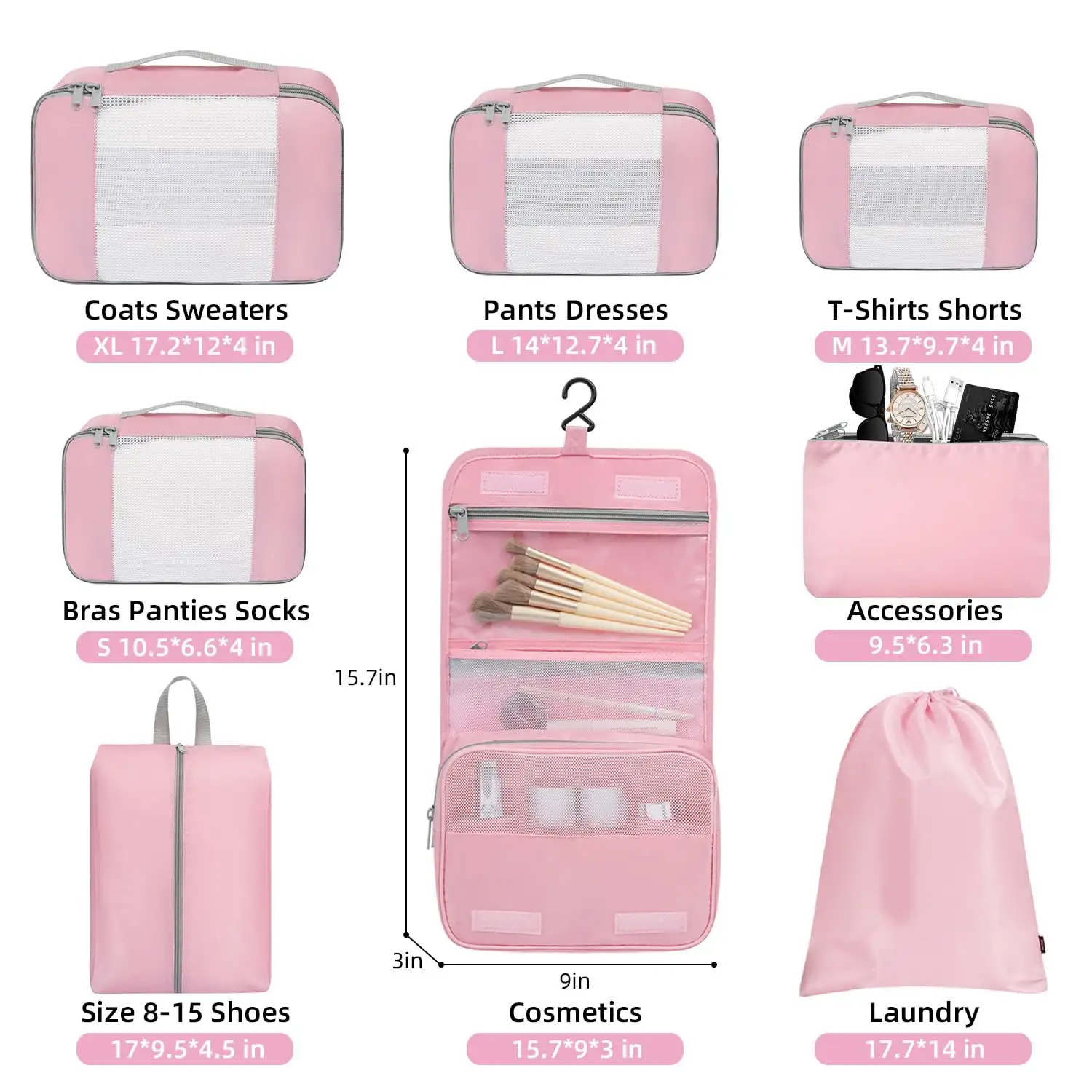 8 set mesh packing cubes in various sizes with makeup and shoe bags for organized travel and luggage storage.