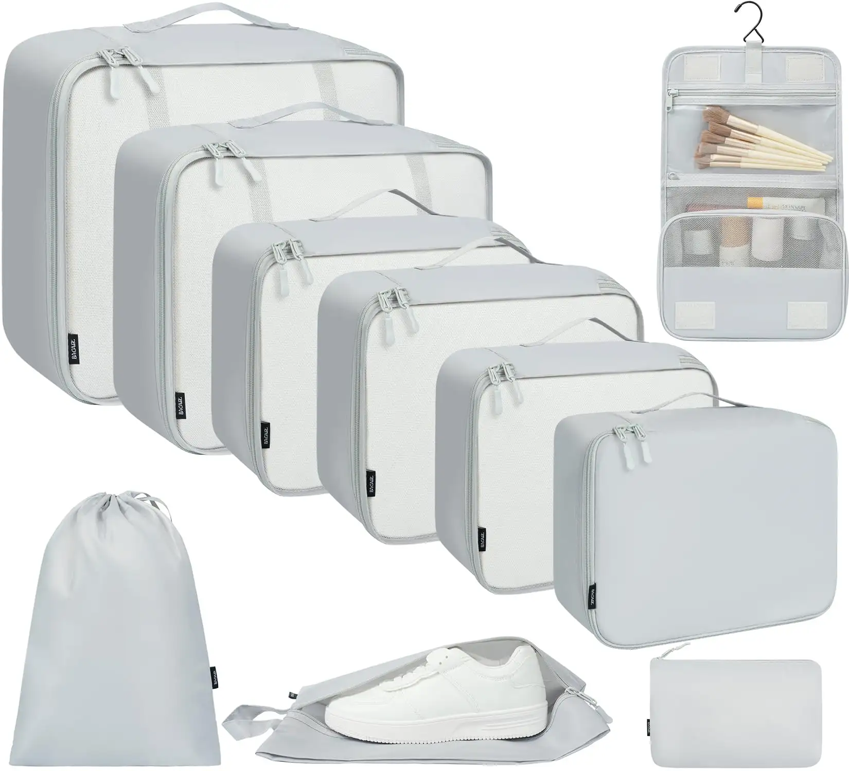 8-piece mesh packing cubes set with various sizes, makeup bag, and shoe bag for organized travel and luggage.