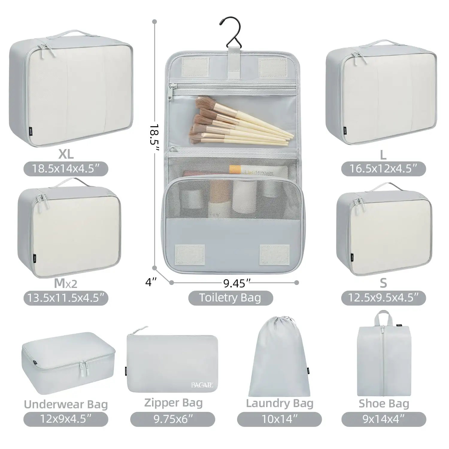 8 Set Mesh Packing Cubes in Various Sizes with Makeup and Shoe Bags for Travel Organization and Luggage Storage.