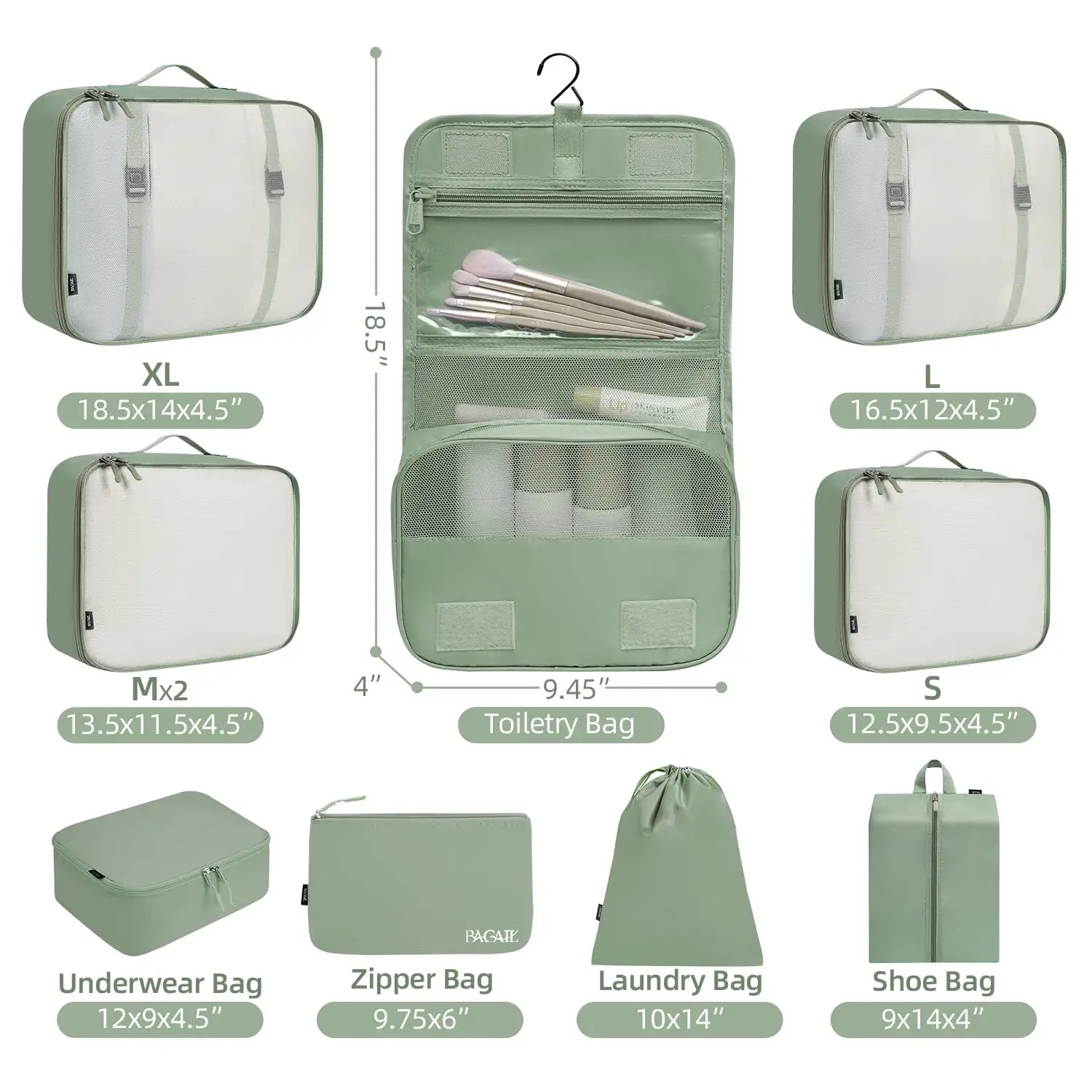 8-piece mesh packing cube set with makeup bag and shoe bag for organized travel, available in various sizes.