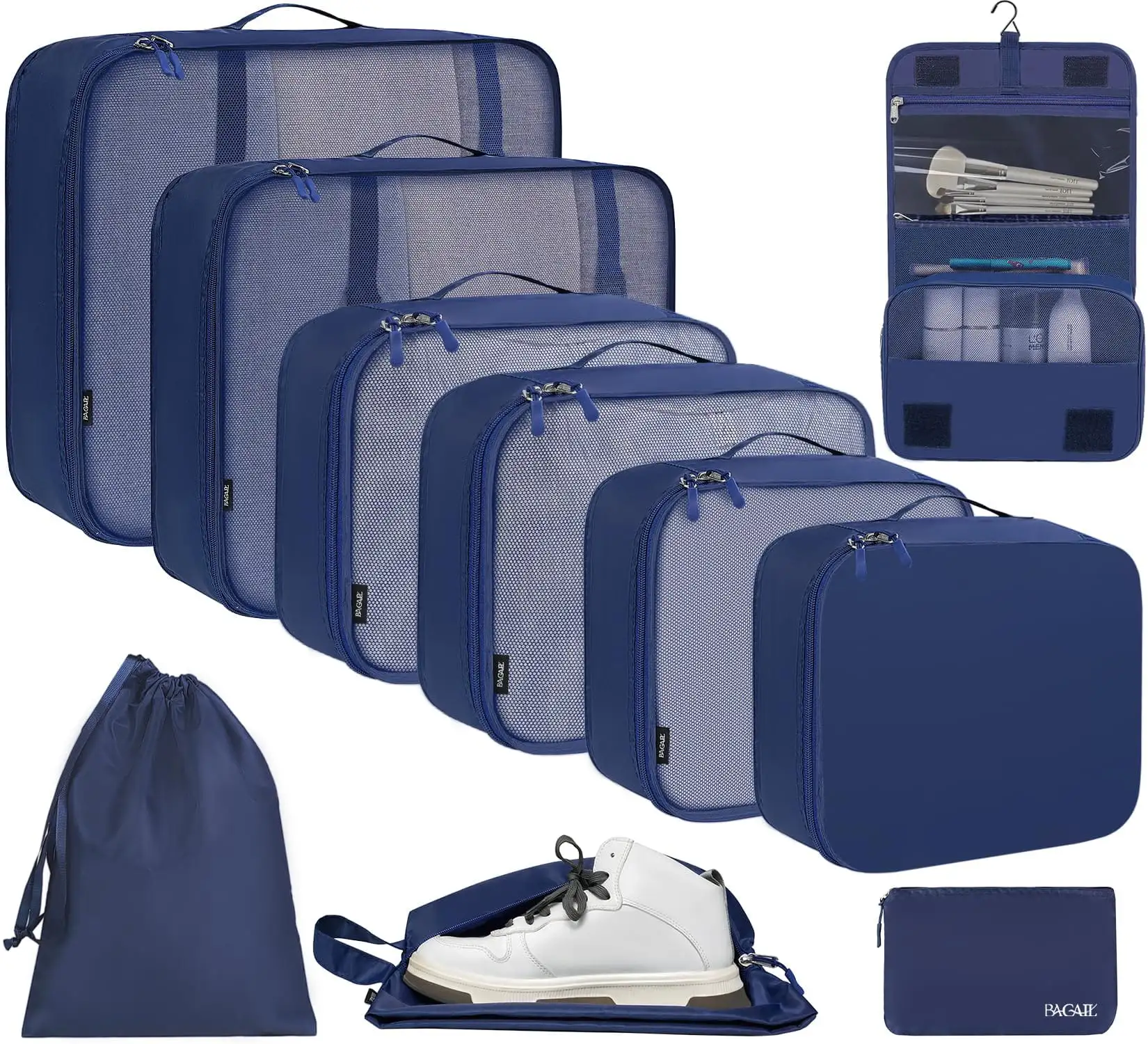 8-piece mesh packing cubes set with organizer, makeup bag, and shoe bag in various sizes for efficient travel.