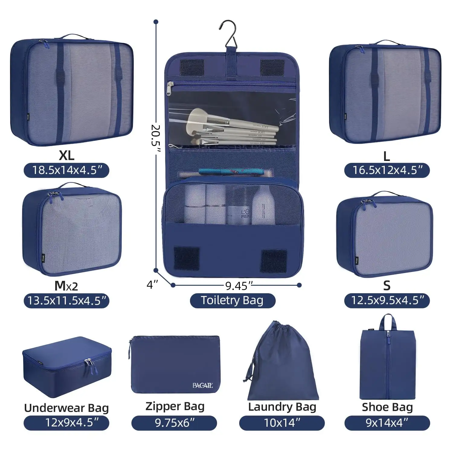 8 Set Mesh Packing Cubes in Various Sizes with Makeup and Shoe Bags for Travel Organization and Luggage Storage