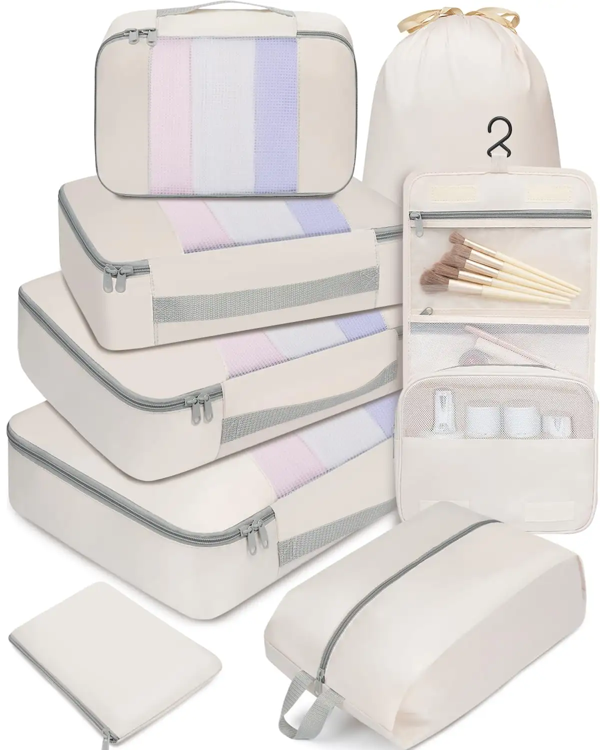 8 Set mesh packing cubes in various sizes with makeup and shoe bags for organized travel accessories and luggage.
