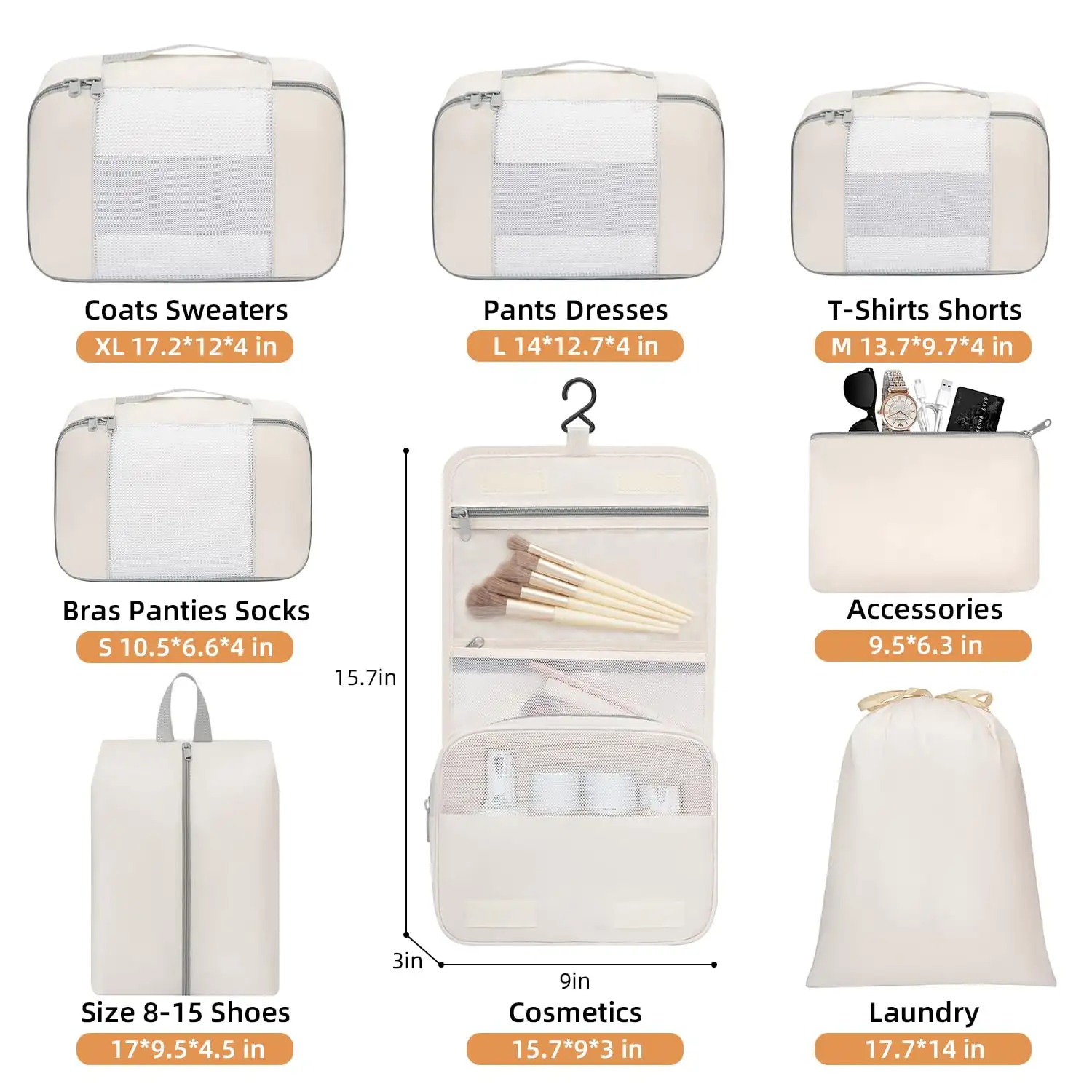 8 Set Mesh Packing Cubes in Various Sizes with Makeup and Shoe Bags for Travel Organization and Luggage Storage