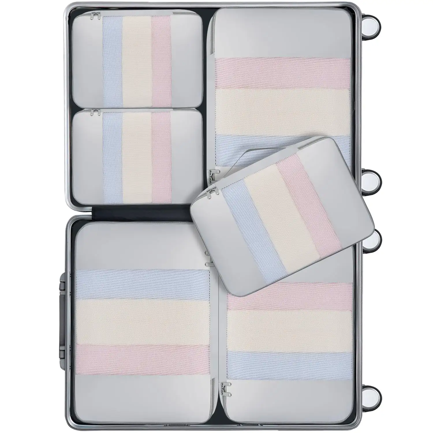 8 Set Mesh Packing Cubes in various sizes with makeup and shoe bags for organized travel and luggage storage.