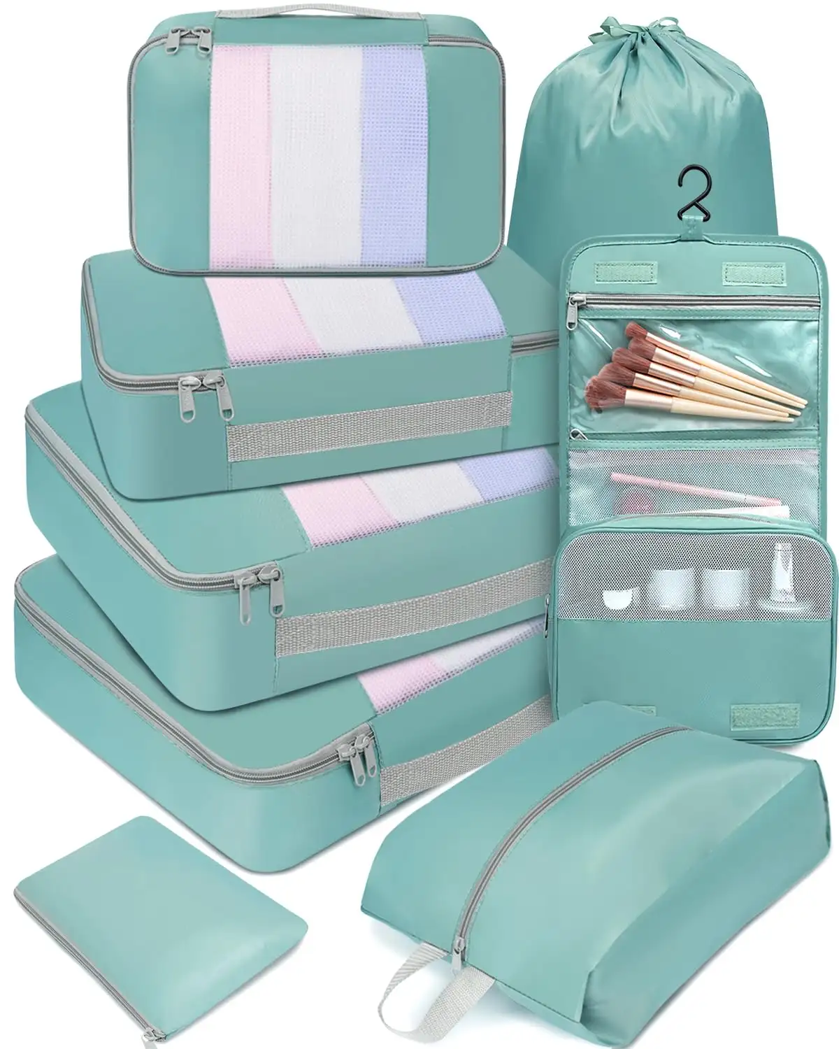 8 set mesh packing cubes in various sizes with makeup and shoe bags, perfect for organized travel and luggage.