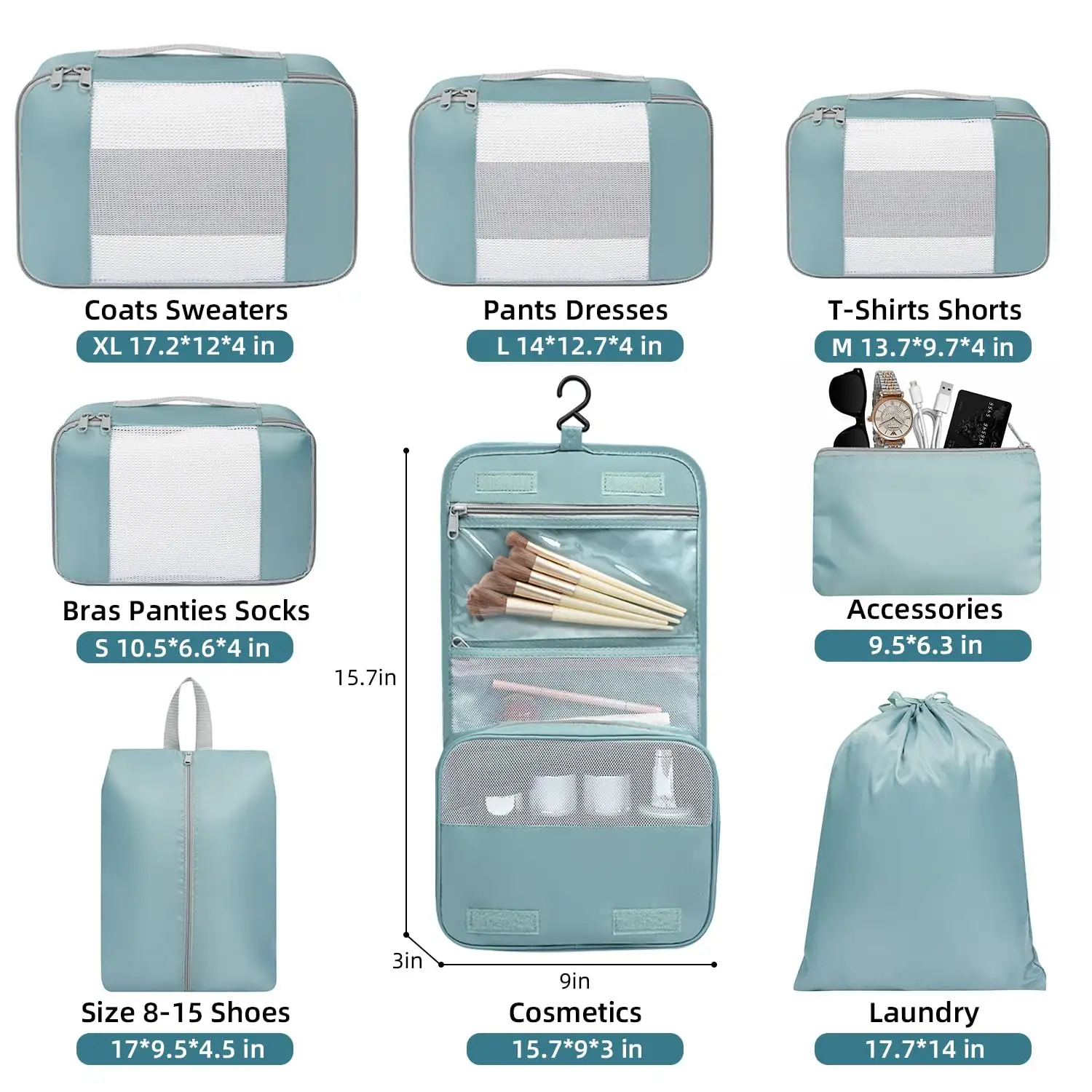8 Set Mesh Packing Cubes in Various Sizes with Makeup and Shoe Bags for Travel Organization and Luggage Storage