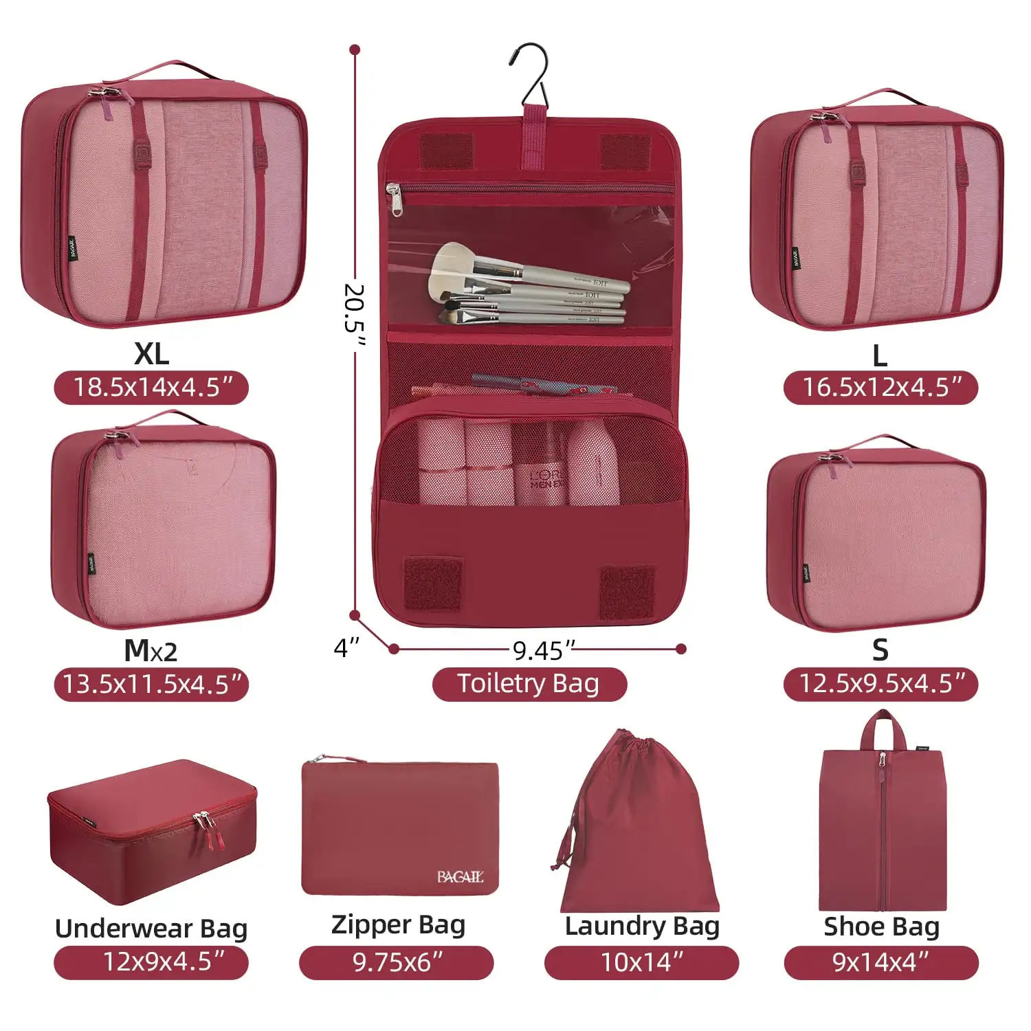 8-piece mesh packing cubes set with various sizes, makeup bag, and shoe bag for organized travel and luggage storage.