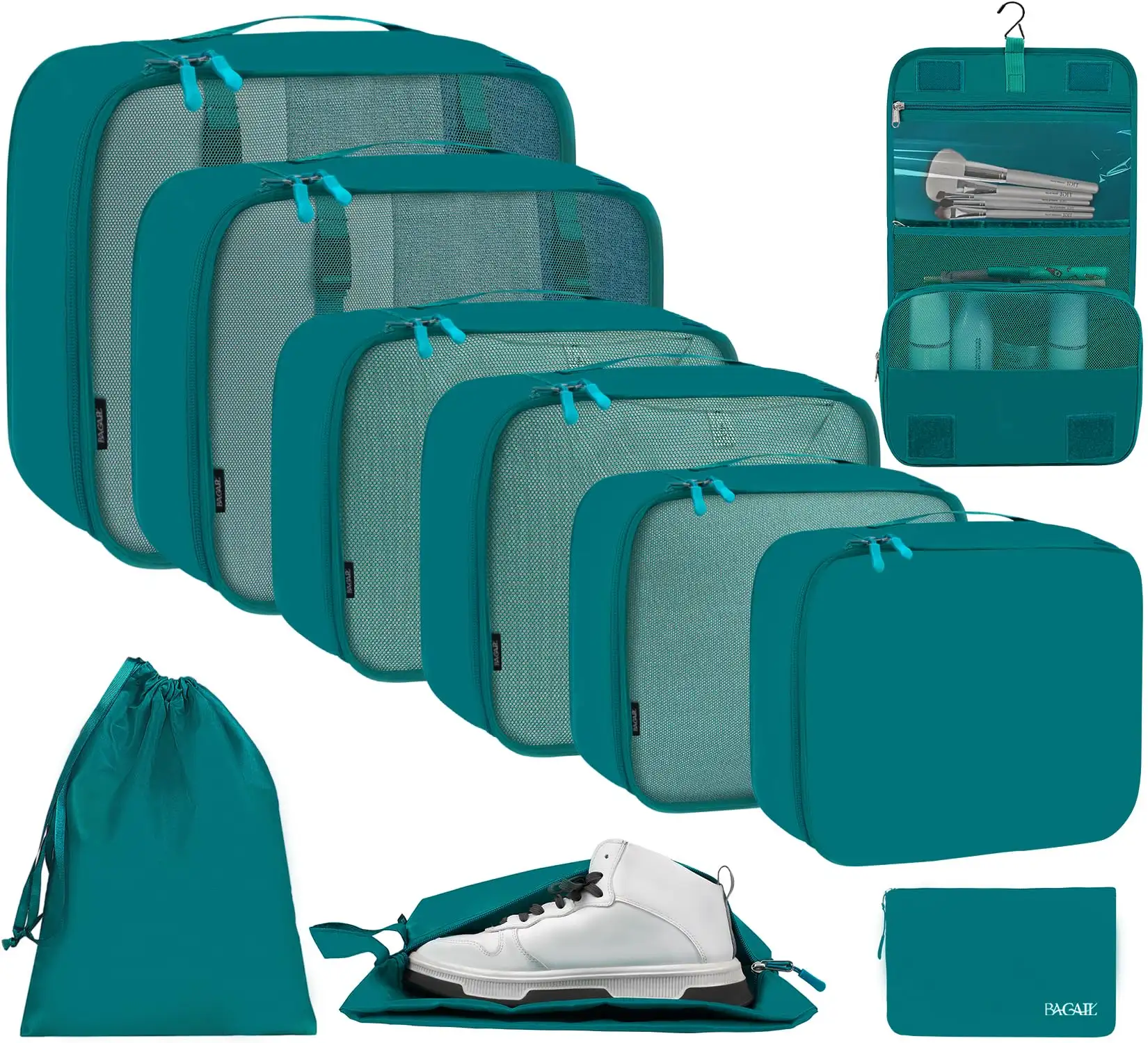 8 Set Mesh Packing Cubes in Various Sizes with Makeup Bag and Shoe Bag for Organized Travel and Luggage Storage
