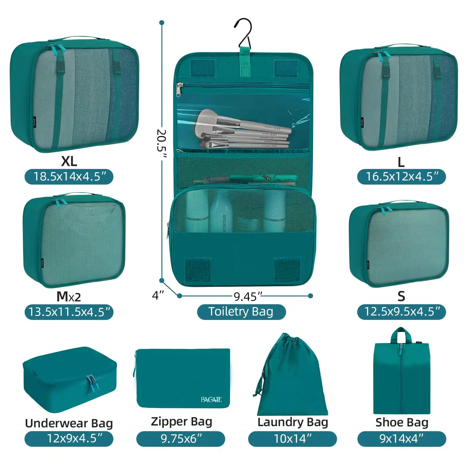 8 Set Mesh Packing Cubes in Various Sizes with Makeup and Shoe Bags for Travel Organization - Beige