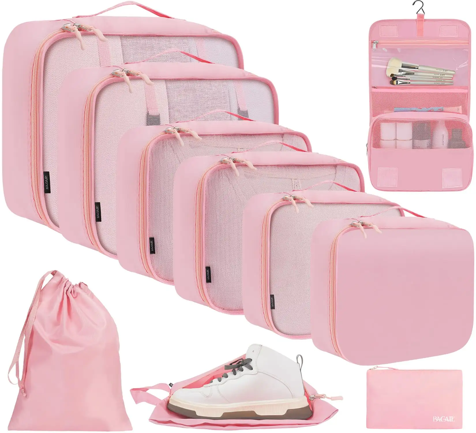 8 set mesh packing cubes in various sizes with makeup and shoe bags for effective travel organization.