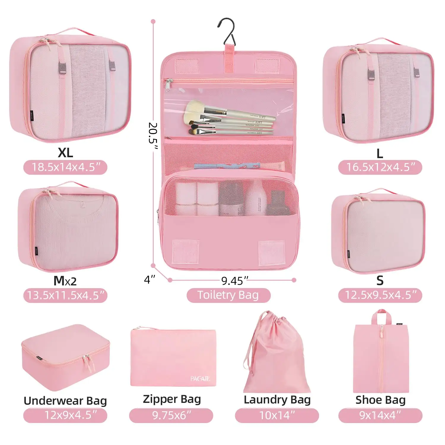 8 set mesh packing cubes in various sizes with makeup and shoe bags for organized travel and luggage storage.