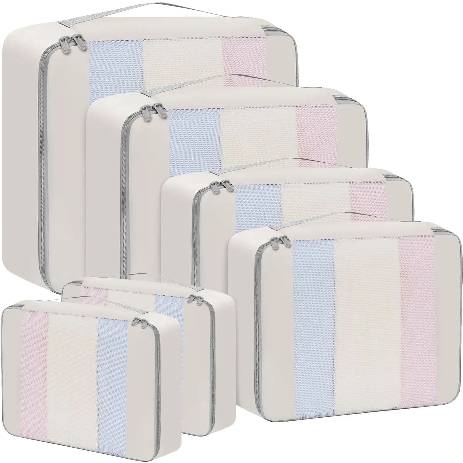 8-piece mesh packing cubes set with makeup and shoe bags for organized travel in various sizes. Ideal luggage accessory.